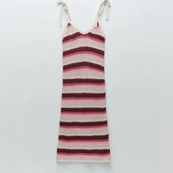 ZARA Red Pink And Cream Striped Crochet Dress Limited Edition, Size M - Picture 6 of 11
